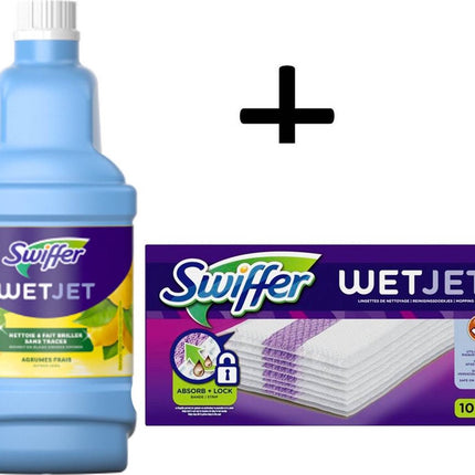Swiffer WetJet Alles-In-Een Dweilsysteem Navulling- 1,25 L - Citrus Fris Reinigingsmiddel en 12 stuks Reinigingsdoekjes - van Swiffer - Nu verkrijgbaar bij Mijn Voordeelshop!