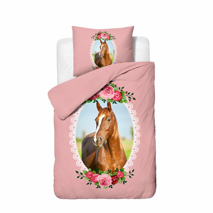 Little Monster Kinderdekbedovertrek Cute Horse Roze 140 x 200/220 - van Little Monster - Nu verkrijgbaar bij Mijn Voordeelshop!
