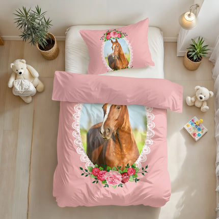 Little Monster Kinderdekbedovertrek Cute Horse Roze 140 x 200/220 - van Little Monster - Nu verkrijgbaar bij Mijn Voordeelshop!