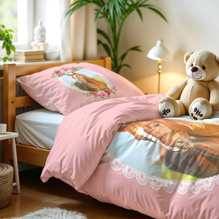 Little Monster Kinderdekbedovertrek Cute Horse Roze 140 x 200/220 - van Little Monster - Nu verkrijgbaar bij Mijn Voordeelshop!