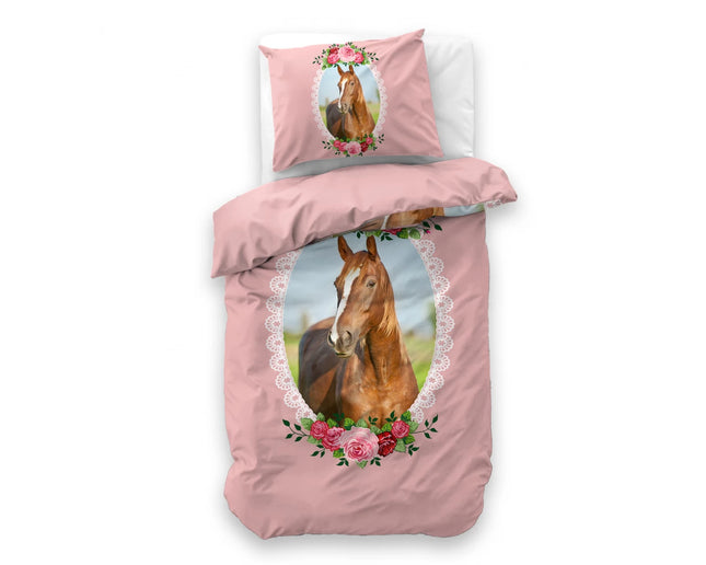Little Monster Kinderdekbedovertrek Cute Horse Roze 140 x 200/220 - van Little Monster - Nu verkrijgbaar bij Mijn Voordeelshop!