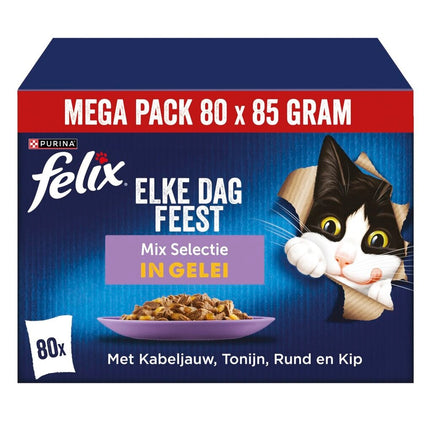 Felix Elke Dag Feest Mix Selectie in Gelei Kabeljauw Tonijn Rund & Kip (80 x 85 Gram)