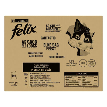 Felix Elke Dag Feest Mix Selectie in Gelei Kabeljauw Tonijn Rund & Kip (80 x 85 Gram)