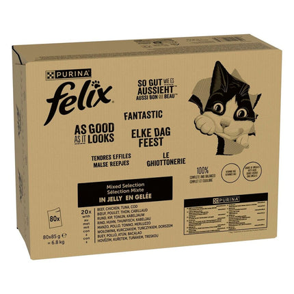 Felix Elke Dag Feest Mix Selectie in Gelei Kabeljauw Tonijn Rund & Kip (80 x 85 Gram)